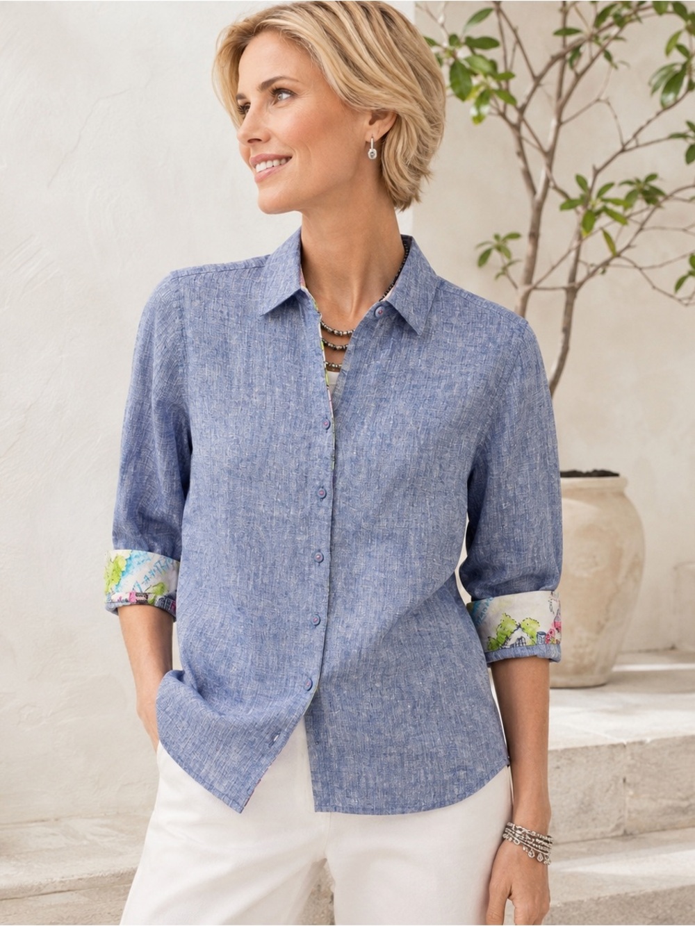 Chico's No Iron 100% Linen Shirt 0 S Blue Paris Novelty Print Flip Cuff